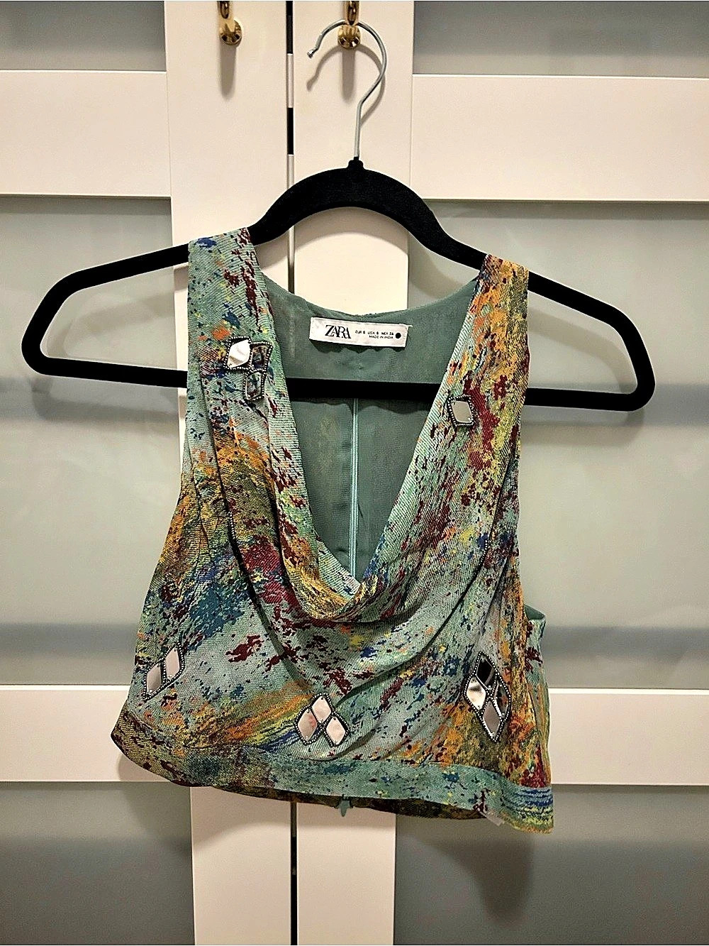 Zara Abstract Draped Neck Tank Top in Green & Multicolor Size Small